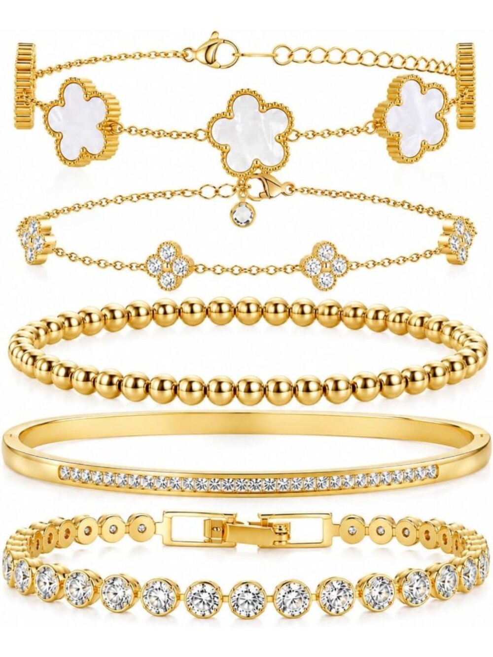 18K Gold Plated Clover Bracelet Set - Lucky Four Leaf Stackable Jewelry Gift